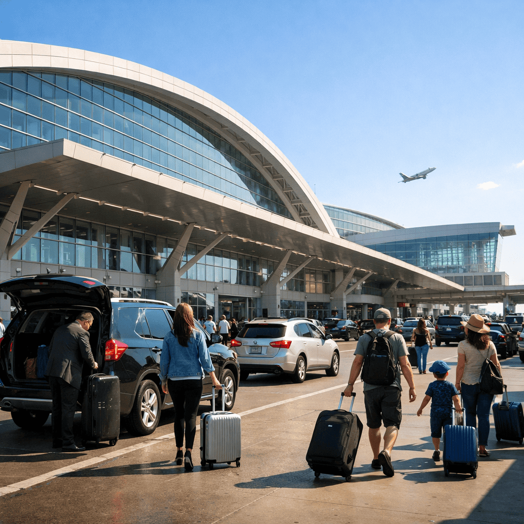 Dallas Fort Worth International Airport terminal exterior with travelers and luggage at DFW