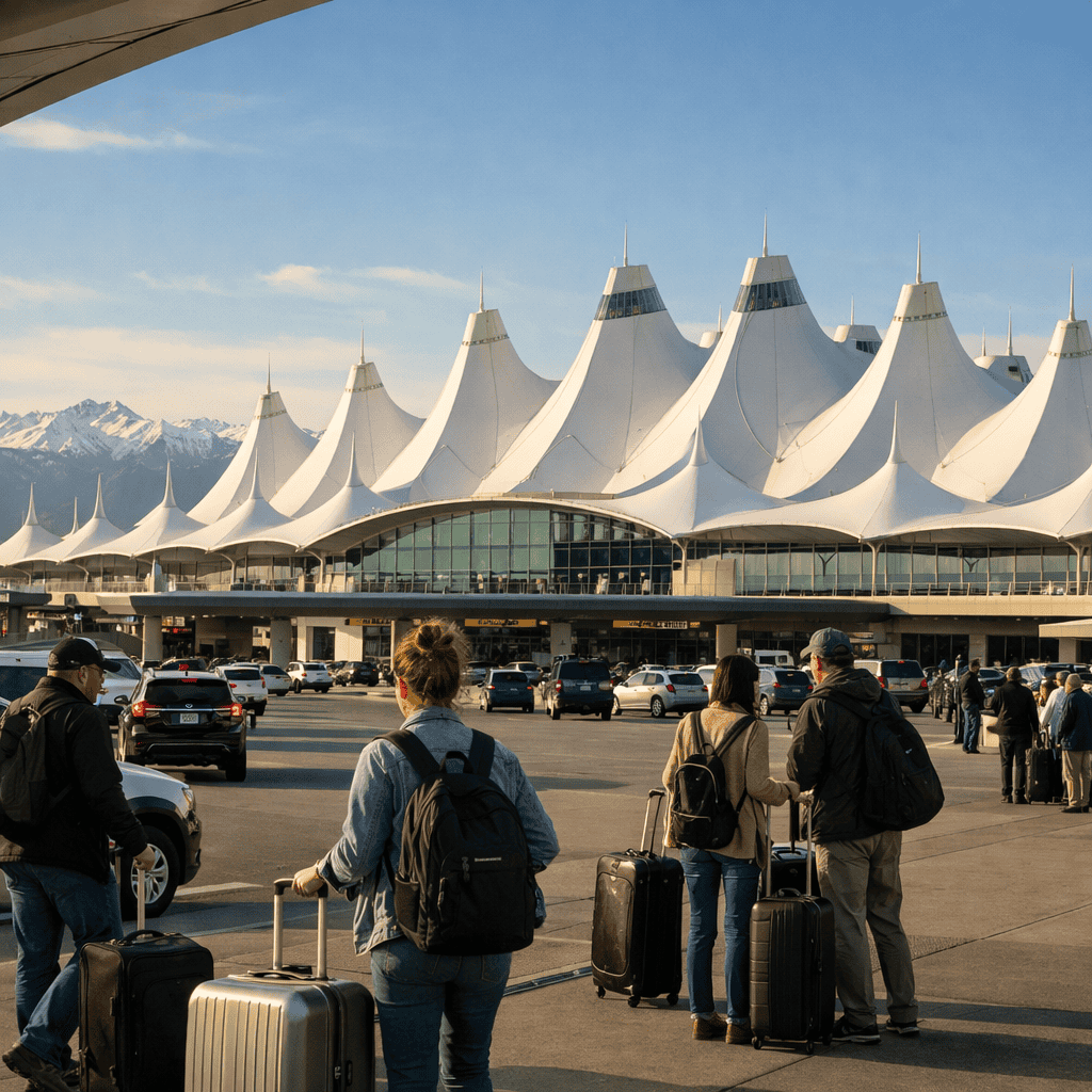 Denver International Airport terminal exterior with travelers and luggage at DEN