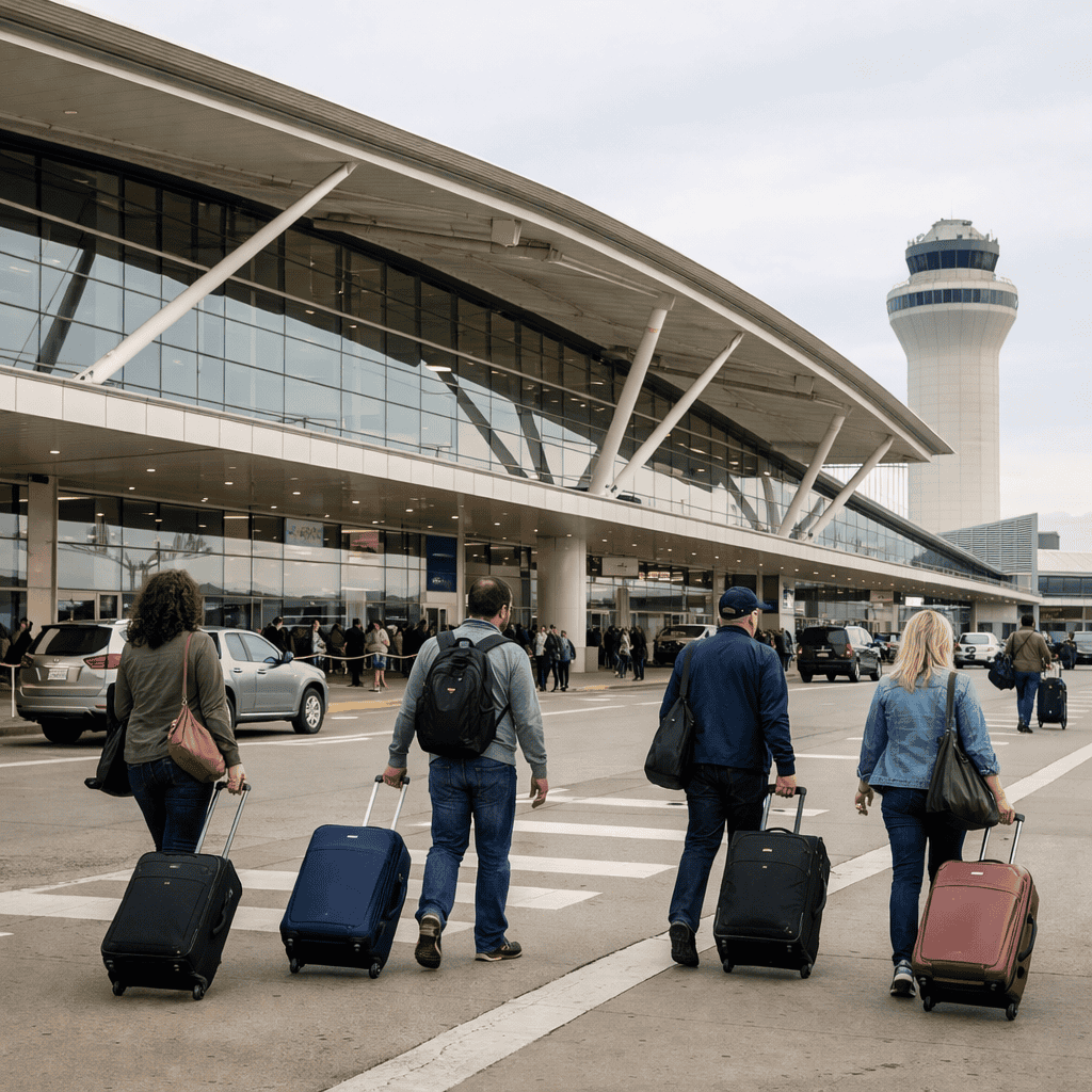 Detroit Metropolitan Wayne County Airport terminal exterior with travelers and luggage at DTW