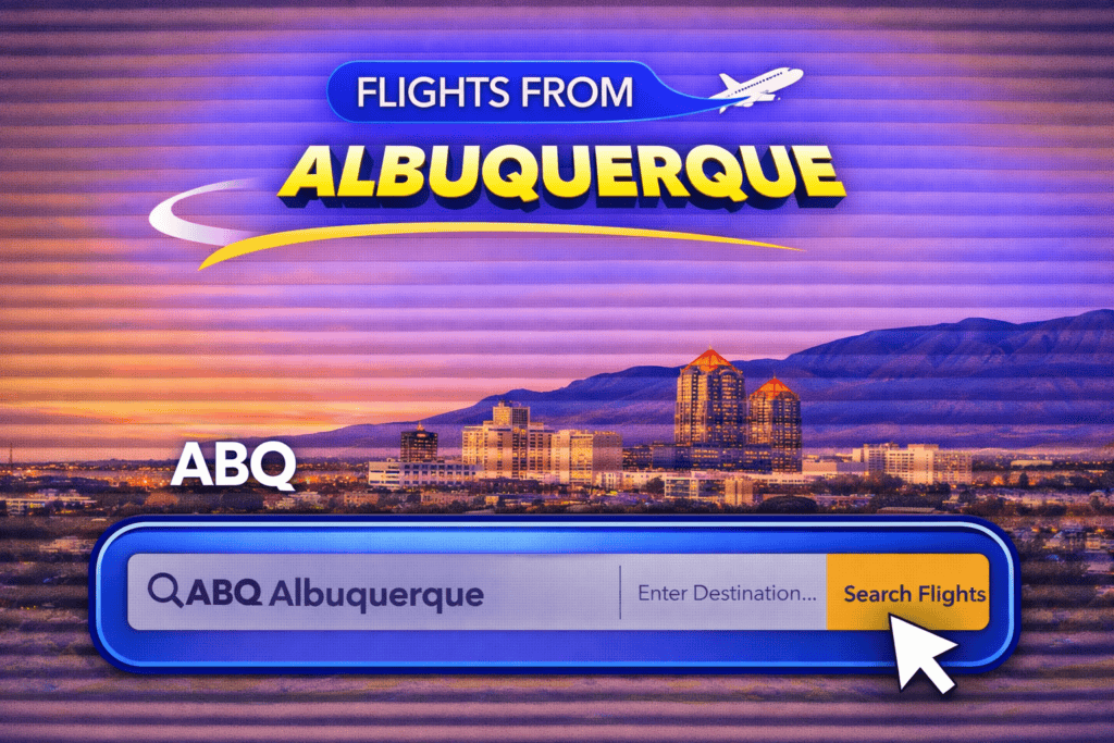 Flights from Albuquerque skyline with desert mountains and airplane