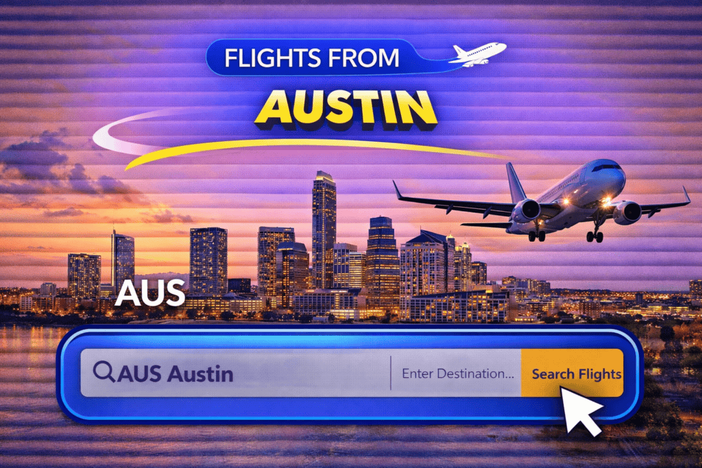 Flights from Austin skyline with river and airplane