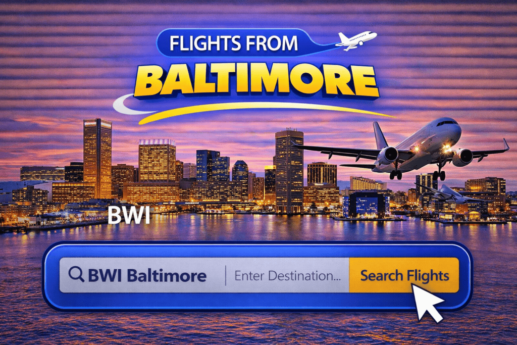 Flights from Baltimore harbor skyline with airplane