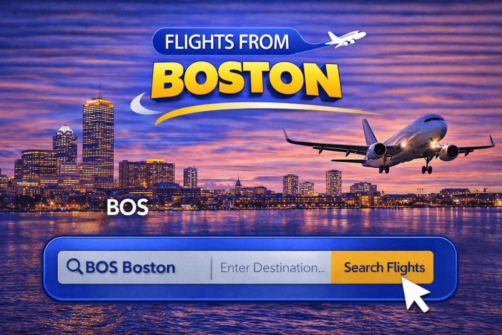 Flights from Boston skyline with historic buildings and airplane