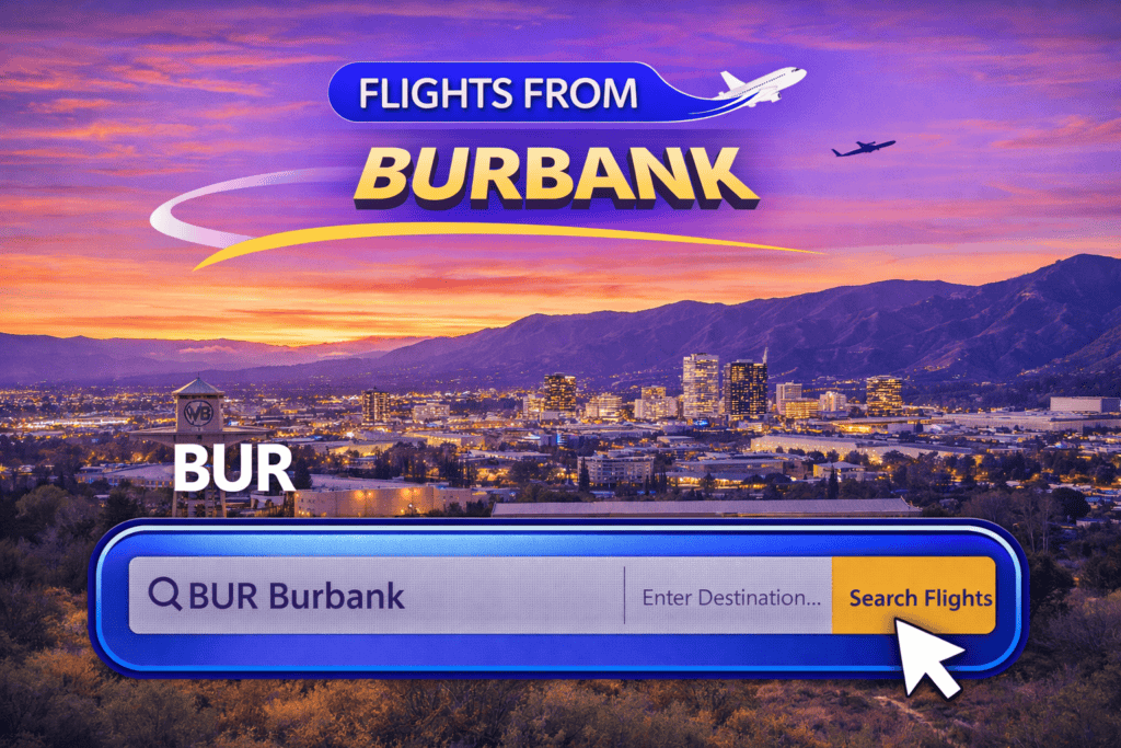 Flights from Burbank skyline with valley and mountains and airplane