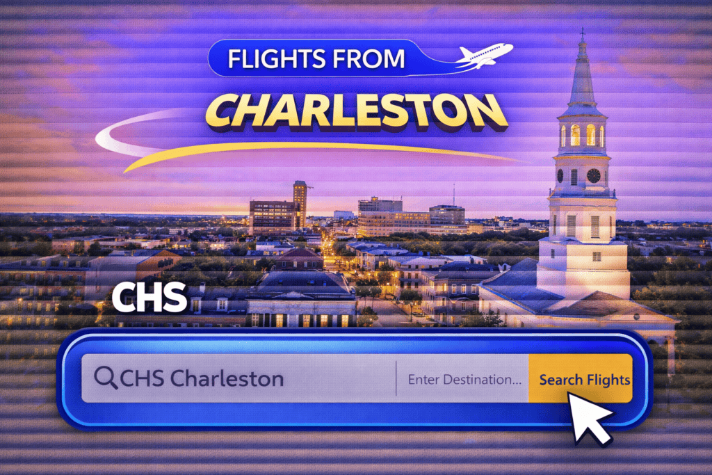 Flights from Charleston historic skyline with church steeple and airplane
