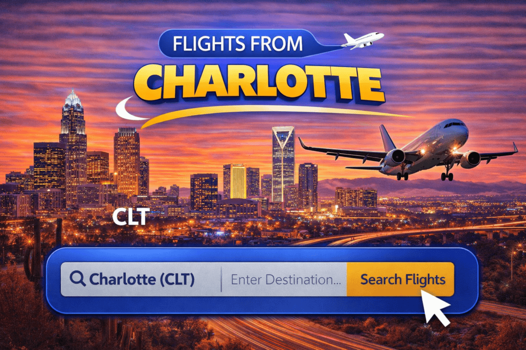 Flights from Charlotte skyline with modern buildings and airplane