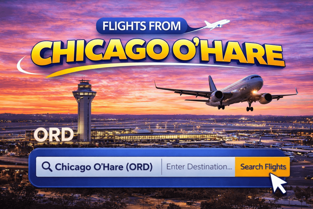 Flights from Chicago skyline with city lights and airplane at sunset