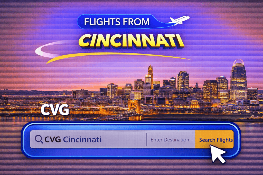 Flights from Cincinnati skyline with river and airplane