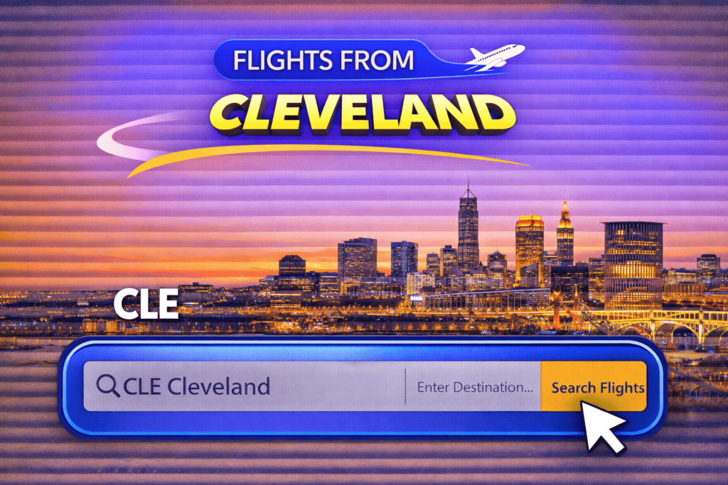 Flights from Cleveland skyline with waterfront and airplane