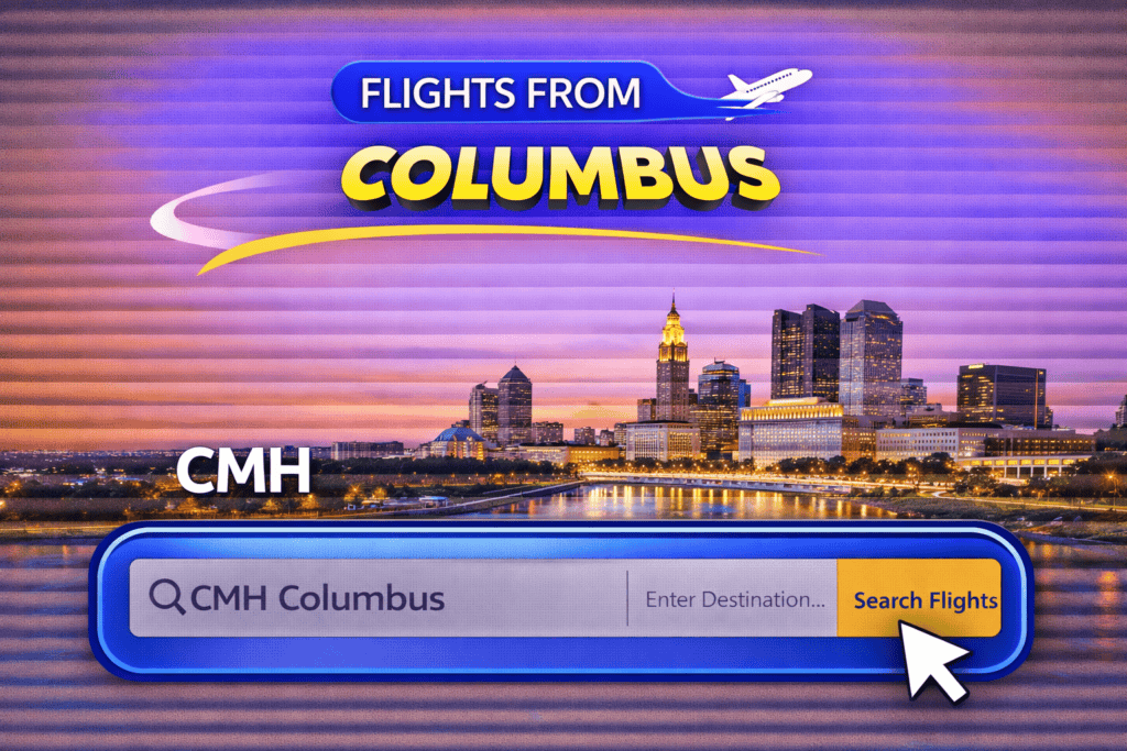 Flights from Columbus skyline with river and airplane