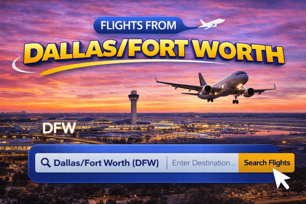 Flights from Dallas skyline with modern buildings and airplane at sunset