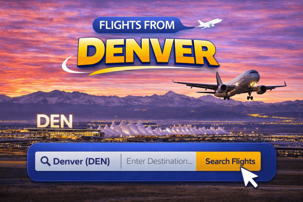 Flights from Denver skyline with mountains and airplane at sunset