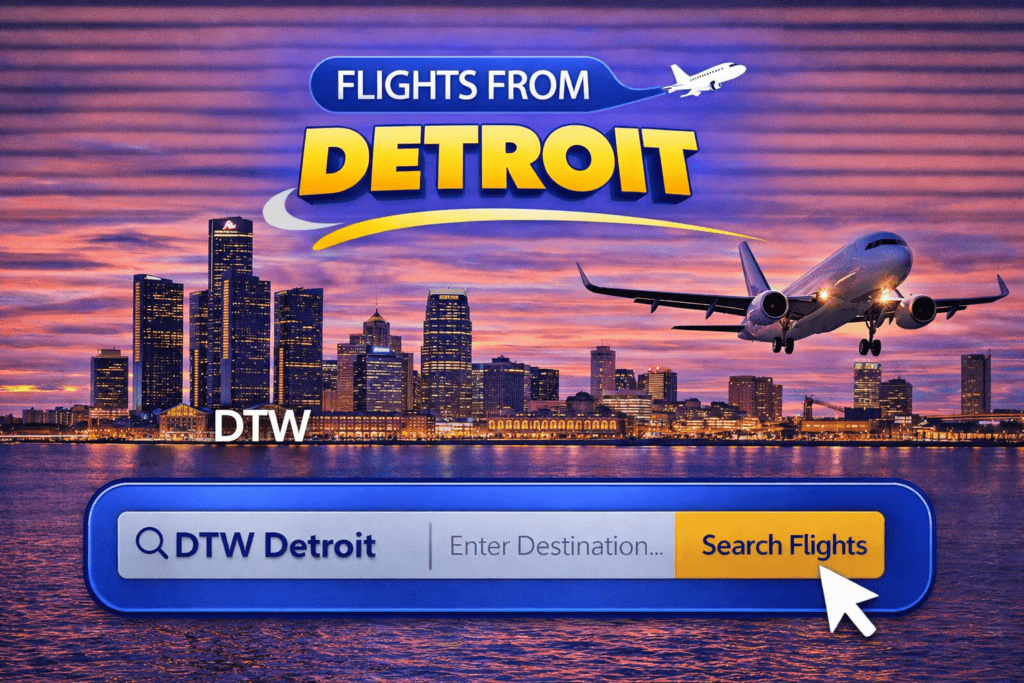Flights from Detroit skyline with riverfront and airplane