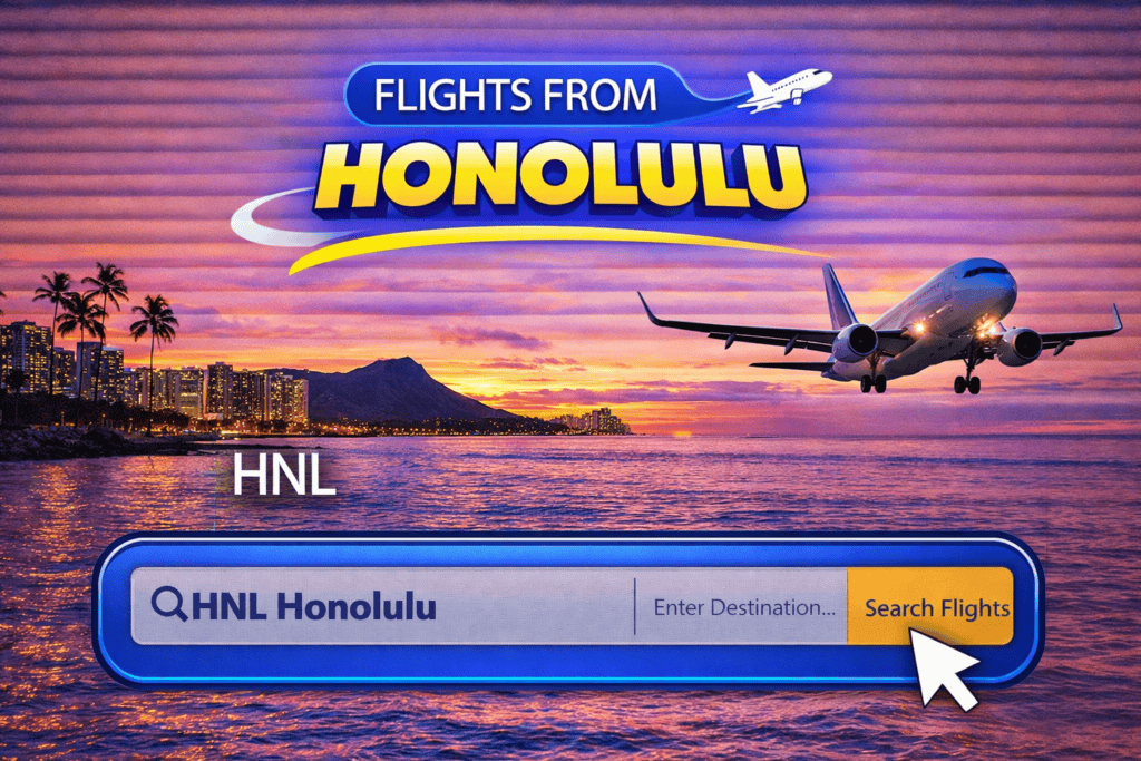 Flights from Honolulu Hawaii skyline with ocean and airplane at sunset