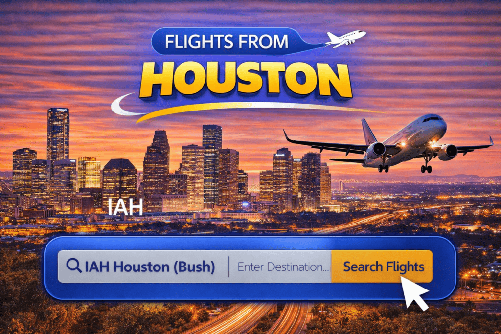 Flights from Houston skyline with city lights and airplane