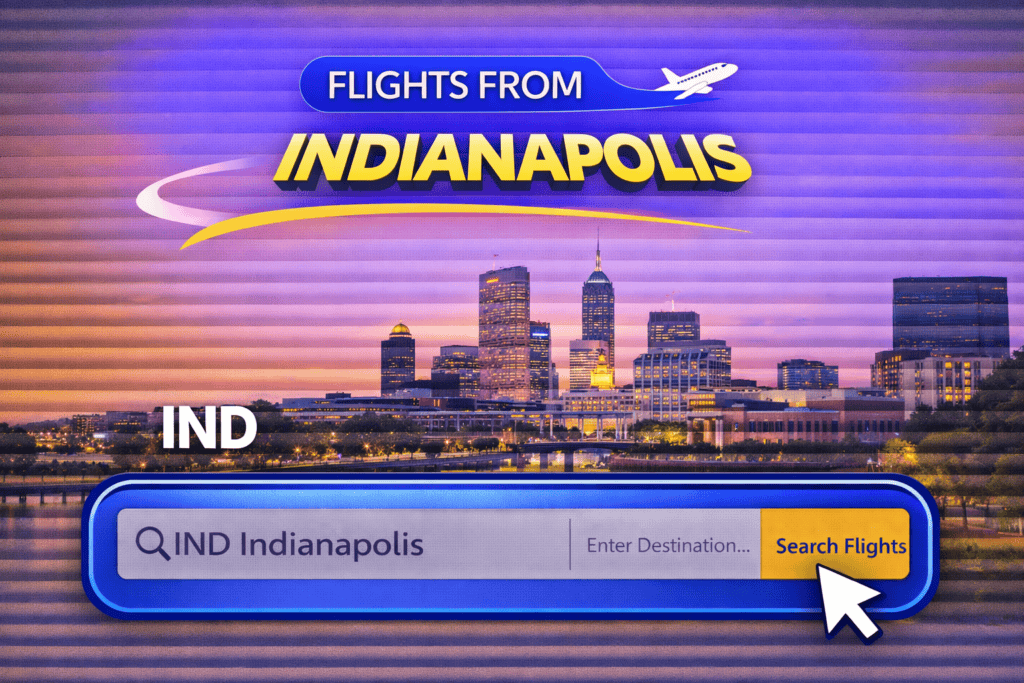 Flights from Indianapolis skyline with monuments and airplane