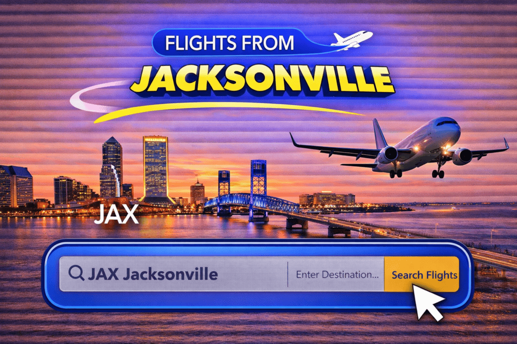 Flights from Jacksonville skyline with river and airplane