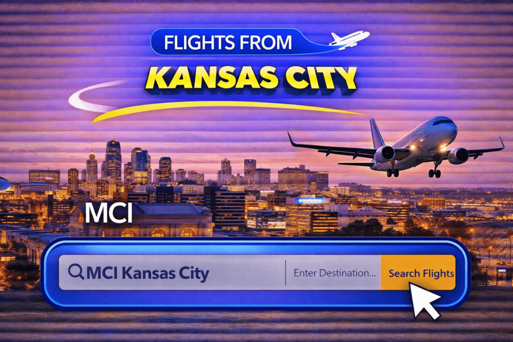 Flights from Kansas City skyline with fountains and airplane