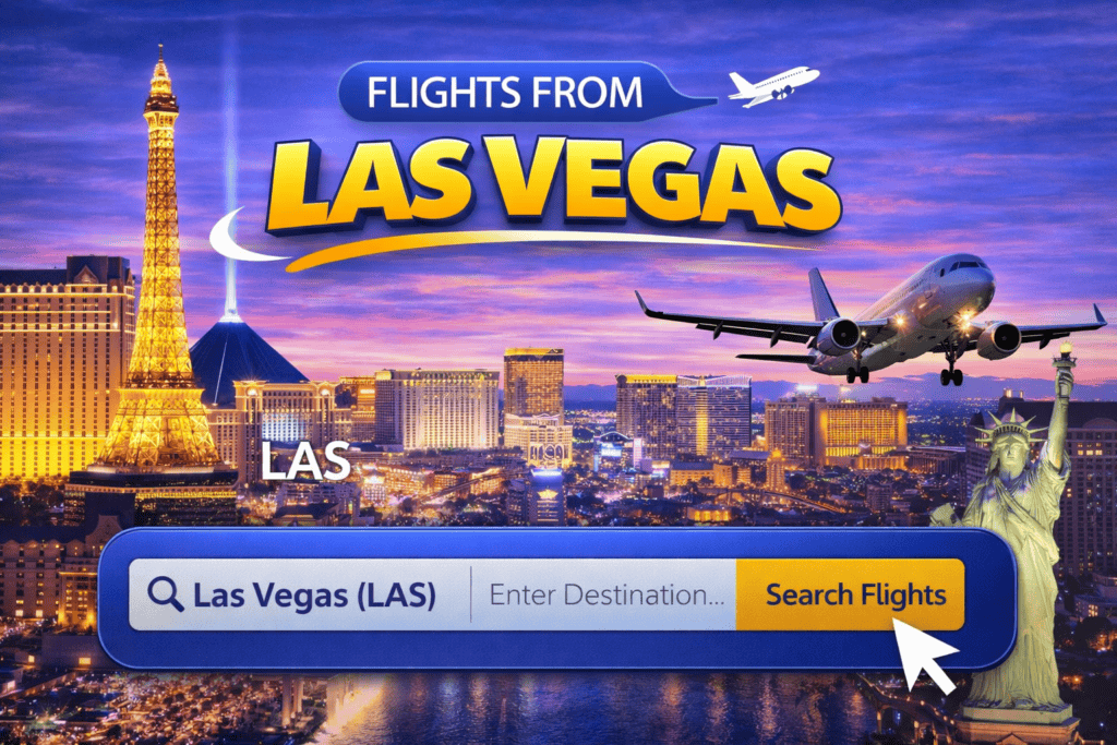 Flights from Las Vegas strip skyline with airplane at sunset