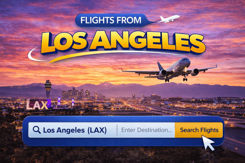 Flights from Los Angeles skyline with palm trees and airplane at sunset