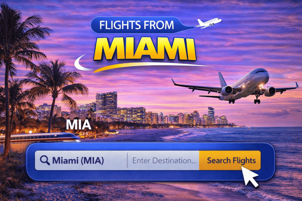 Flights from Miami skyline with waterfront and airplane at sunset