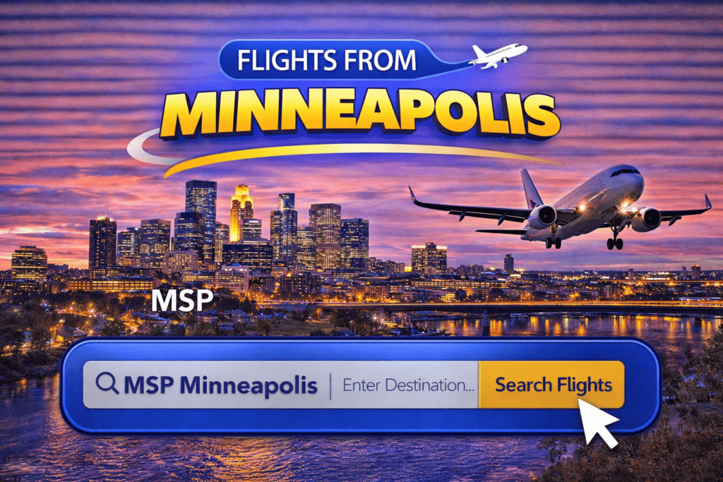 Flights from Minneapolis skyline with river and airplane