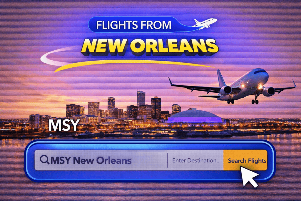 Flights from New Orleans skyline with river and airplane