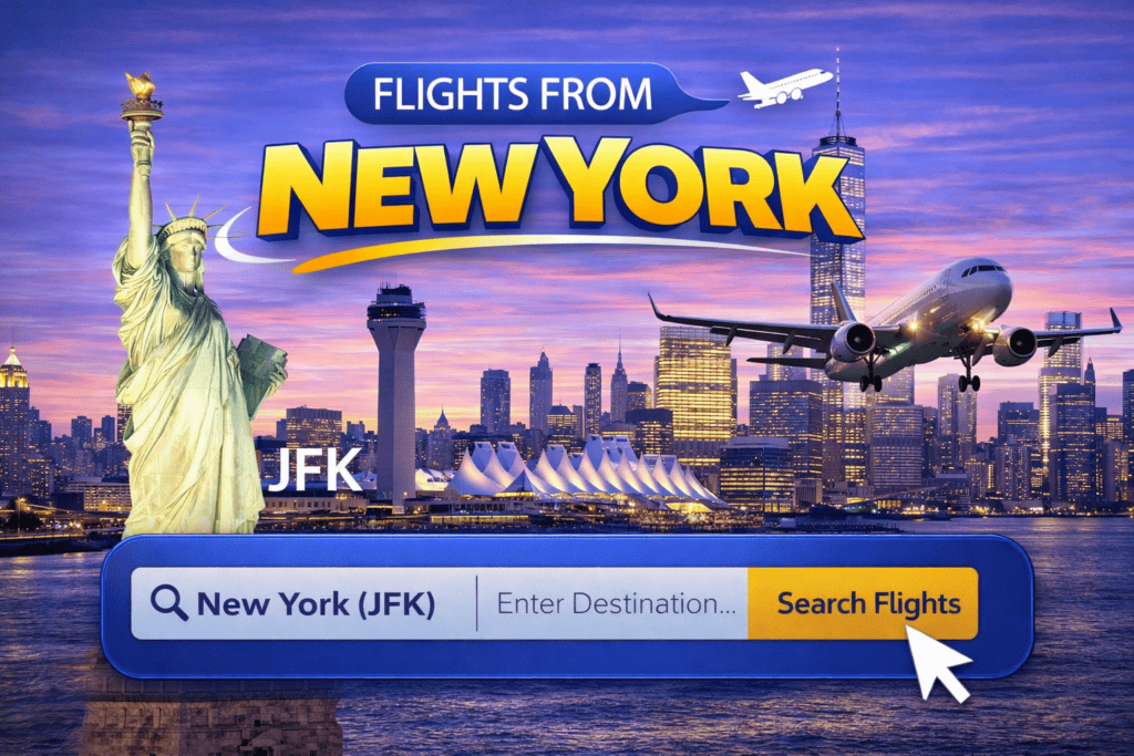 Flights from New York City skyline with airplane at sunset