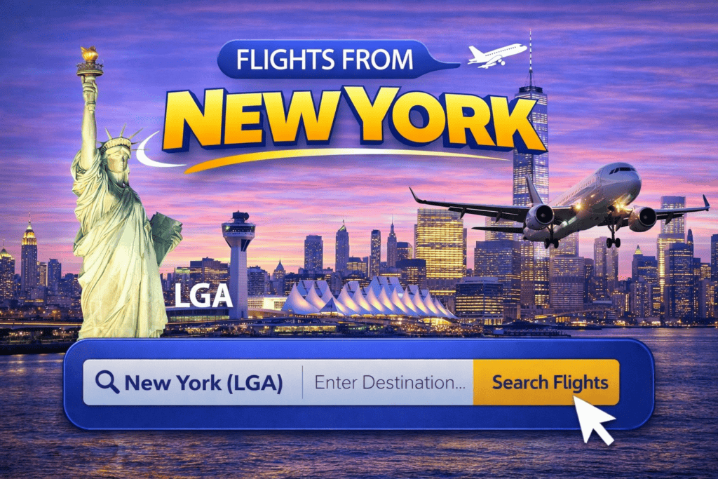 Flights from New York skyline with city lights and airplane at sunset