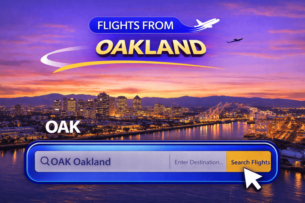Flights from Oakland skyline and port with airplane at sunset