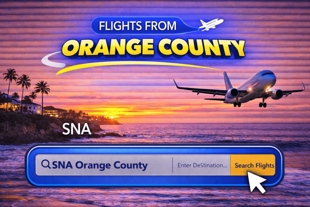 Flights from Orange County coastline with airplane at sunset