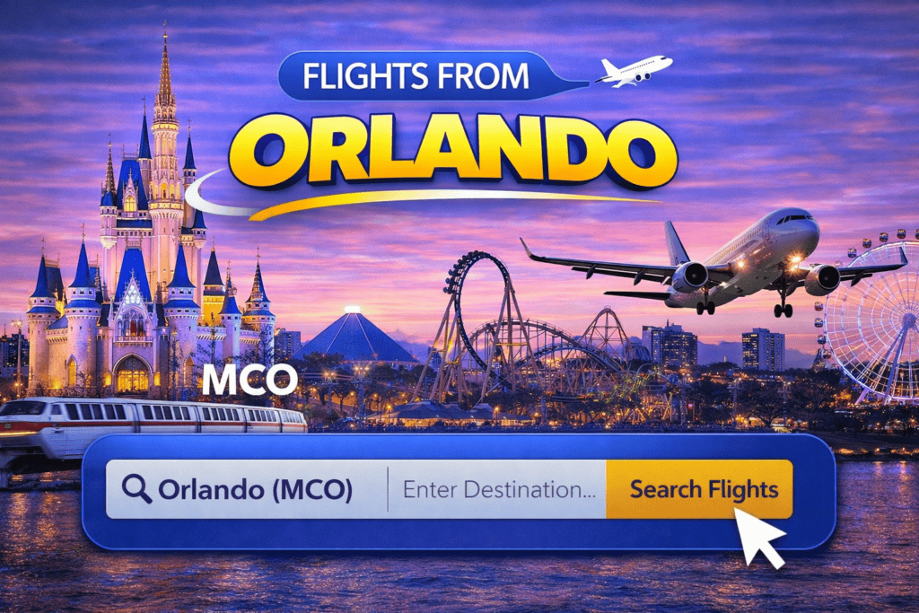 Flights from Orlando skyline with airplane at sunset