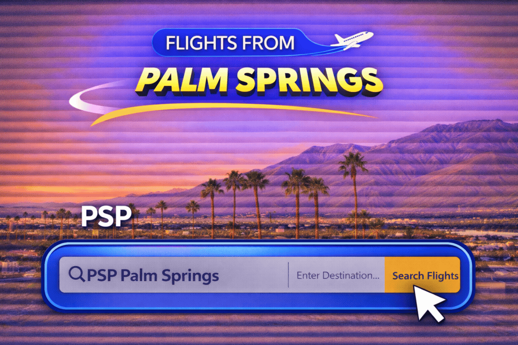 Flights from Palm Springs with desert mountains and palm trees