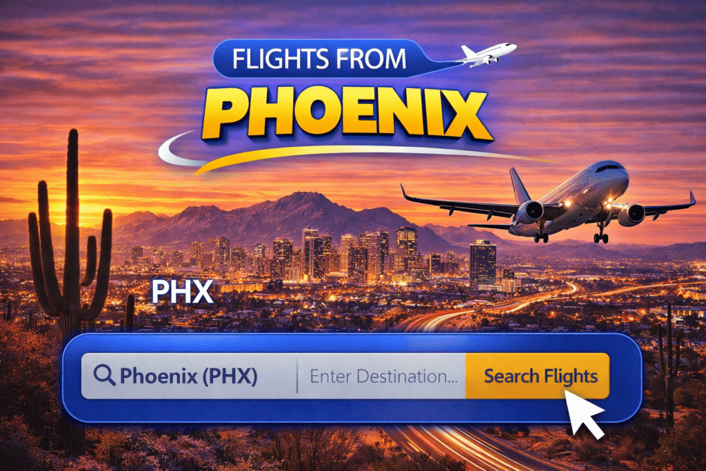 Flights from Phoenix Arizona skyline with desert mountains and airplane