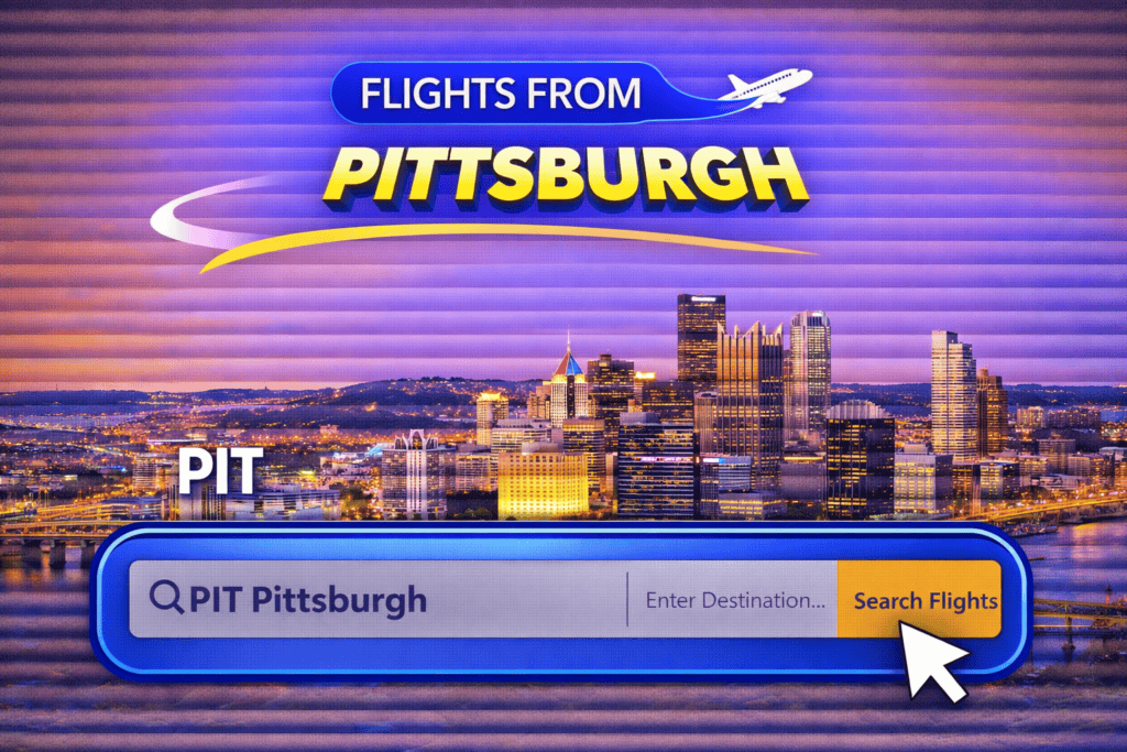 Flights from Pittsburgh skyline with bridges and airplane