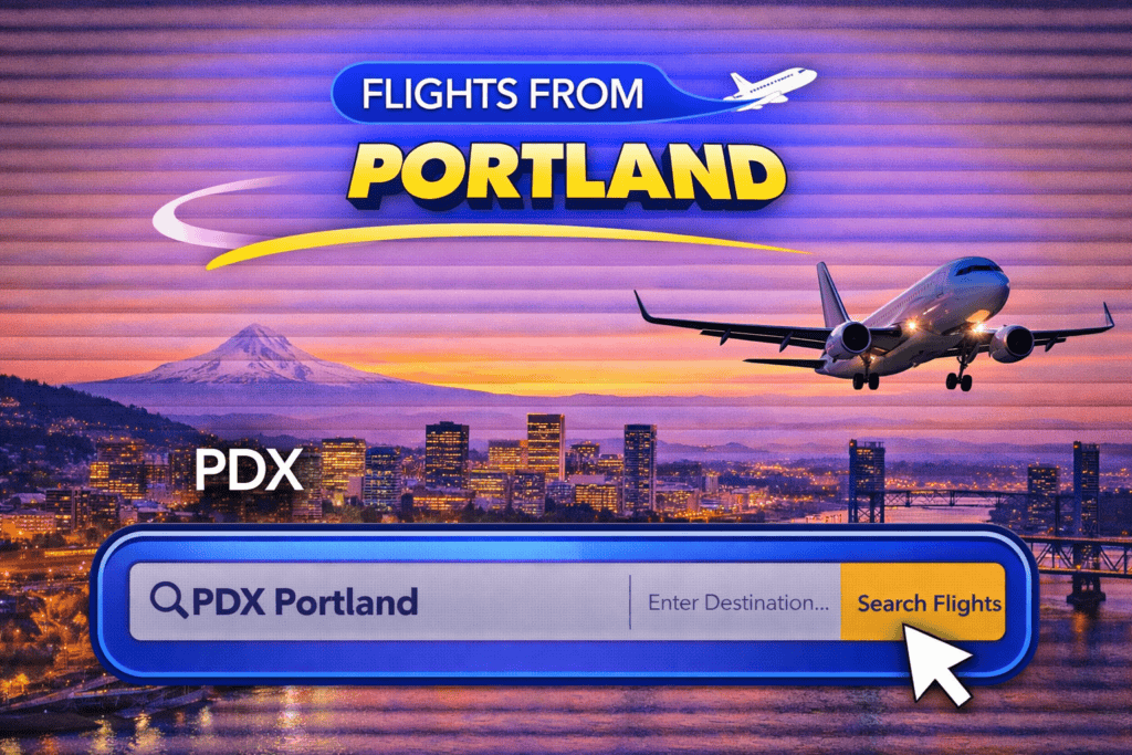 Flights from Portland skyline with mountains and airplane