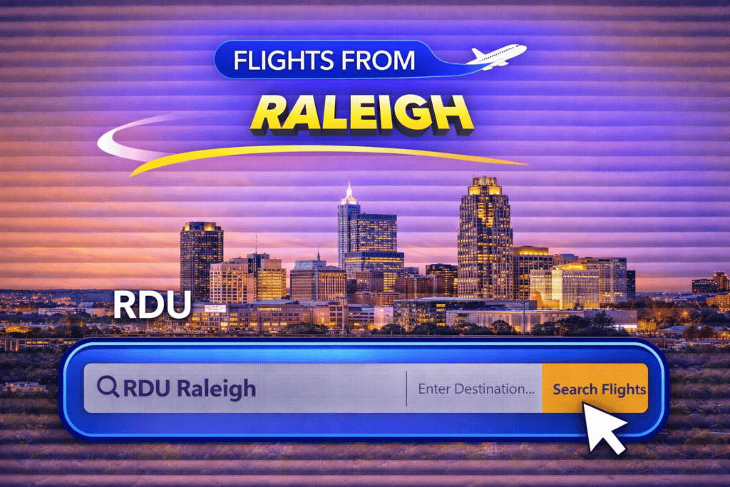 Flights from Raleigh skyline with city lights and airplane