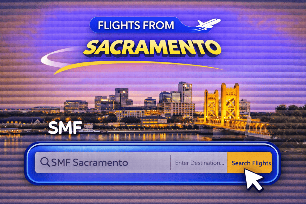 Flights from Sacramento skyline with bridge and airplane