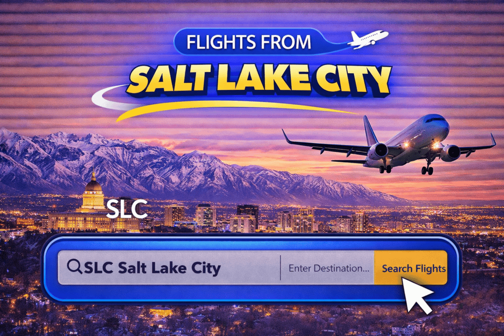 Flights from Salt Lake City skyline with mountains and airplane