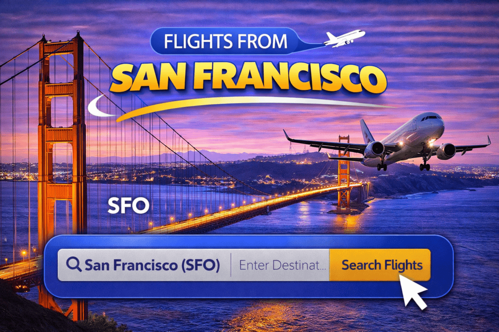 Flights from San Francisco skyline with bay and airplane at sunset