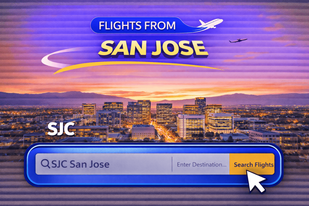 Flights from San Jose skyline with Silicon Valley buildings and airplane