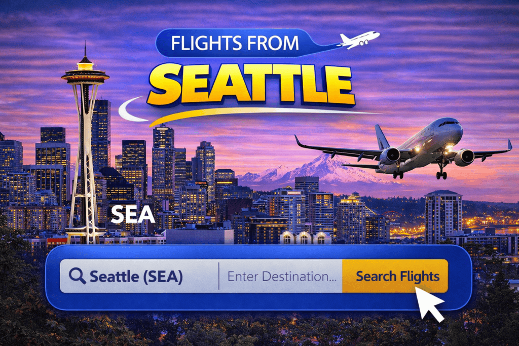 Flights from Seattle skyline with Space Needle and airplane at sunset