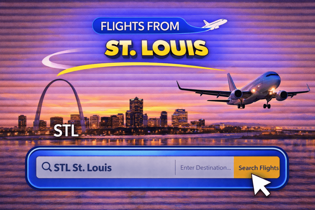 Flights from St Louis skyline with arch and airplane