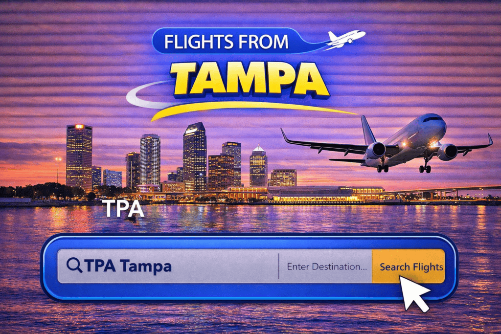 Flights from Tampa Florida skyline with waterfront and airplane at sunset