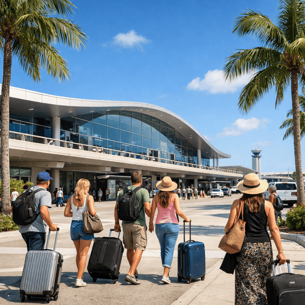 Fort Lauderdale Hollywood International Airport terminal exterior with travelers and luggage at FLL