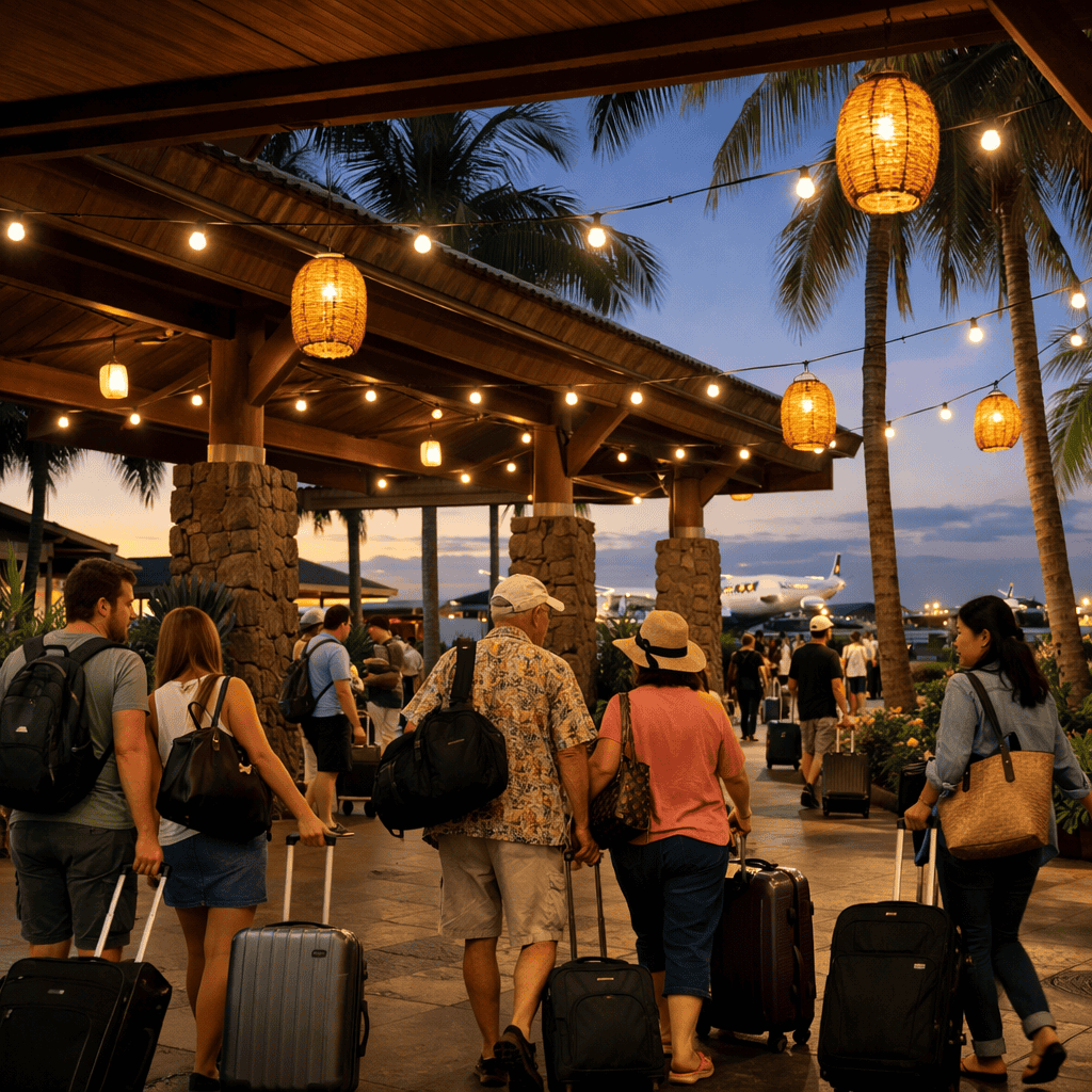 Daniel K Inouye International Airport terminal exterior with travelers and luggage at HNL
