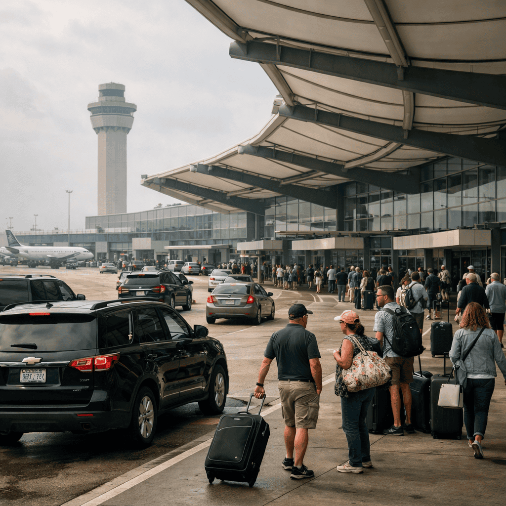 George Bush Intercontinental Airport terminal exterior with travelers and luggage at IAH