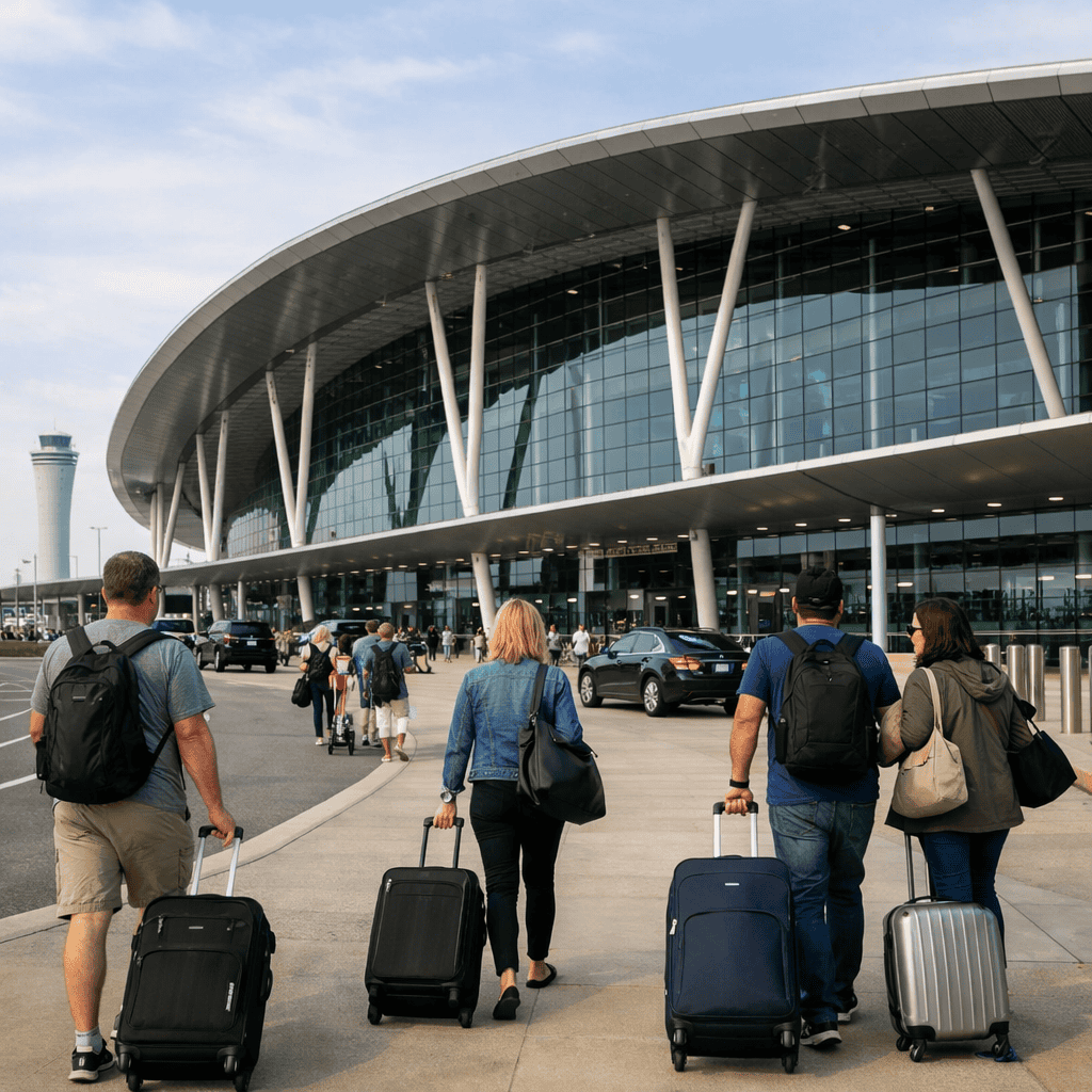 Indianapolis International Airport terminal exterior with travelers and luggage at IND