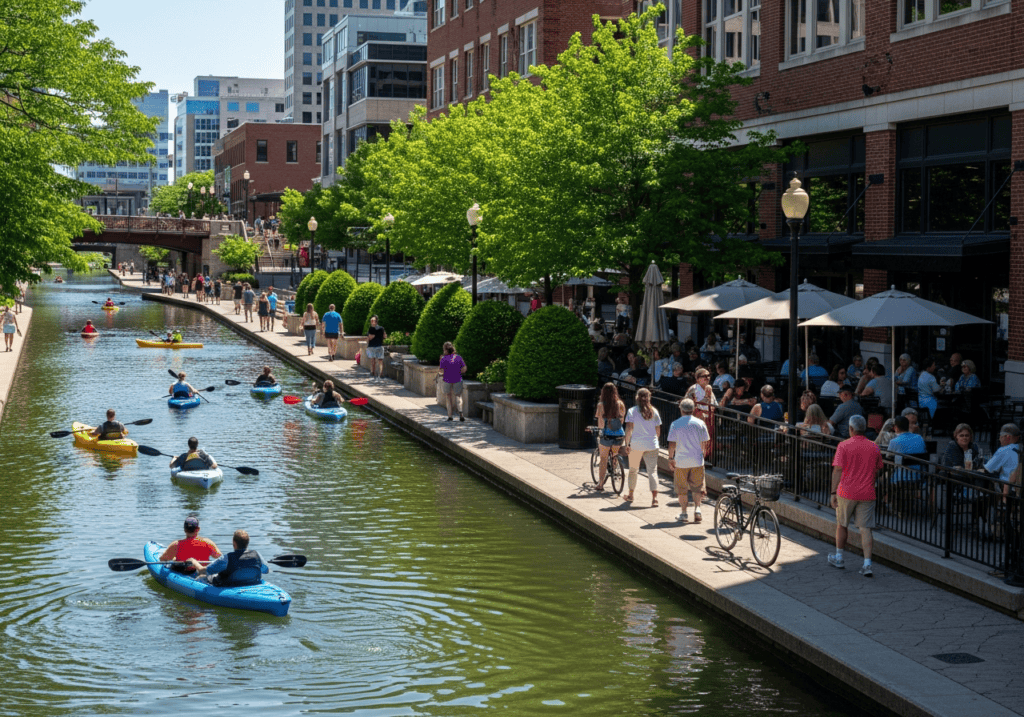 Indianapolis canal walk with people kayaking and walking along waterfront