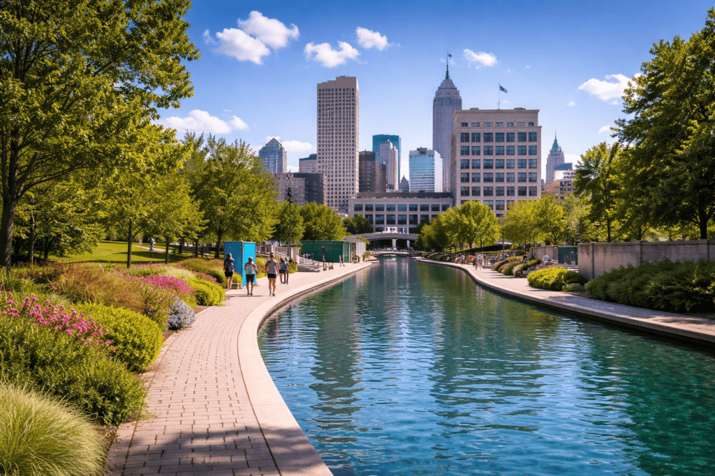 Indianapolis canal walk with trees and water pathway